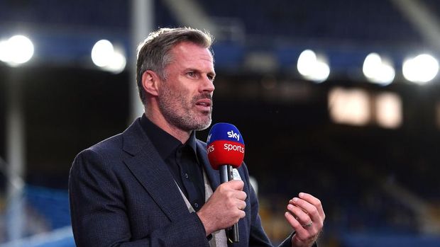 LIVERPOOL, ENGLAND - JUNE 21: Jamie Carragher speaks for Sky Sports after the Premier League match between Everton FC and Liverpool FC at Goodison Park on June 21, 2020 in Liverpool, England. Football Stadiums around Europe remain empty due to the Coronavirus Pandemic as Government social distancing laws prohibit fans inside venues resulting in all fixtures being played behind closed doors. (Photo by Peter Powell/Pool via Getty Images)