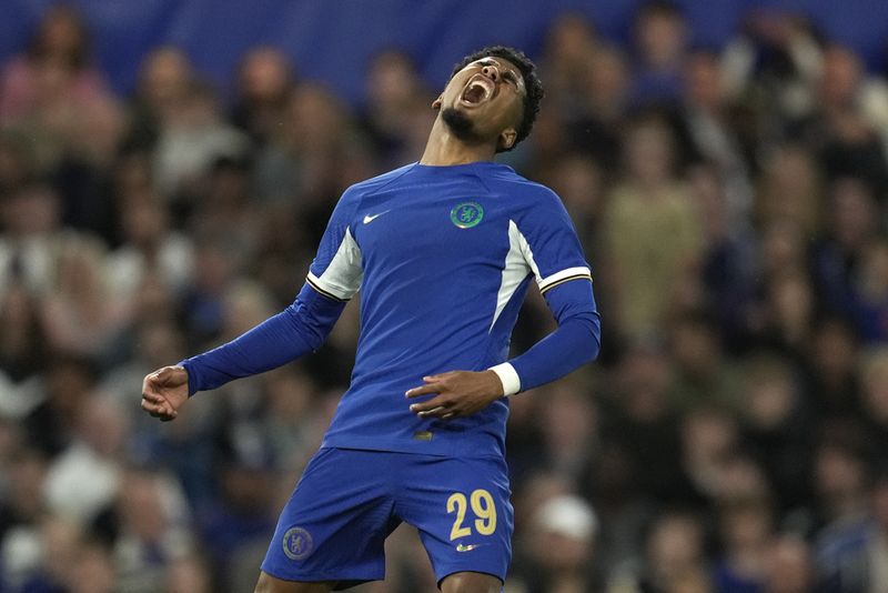 Chelsea's Ian Maatsen reacts during the English League Cup second round soccer match between Chelsea and AFC Wimbledon at Stamford Bridge stadium in London, Wednesday, Aug. 30, 2023. (AP Photo/Kin Cheung)